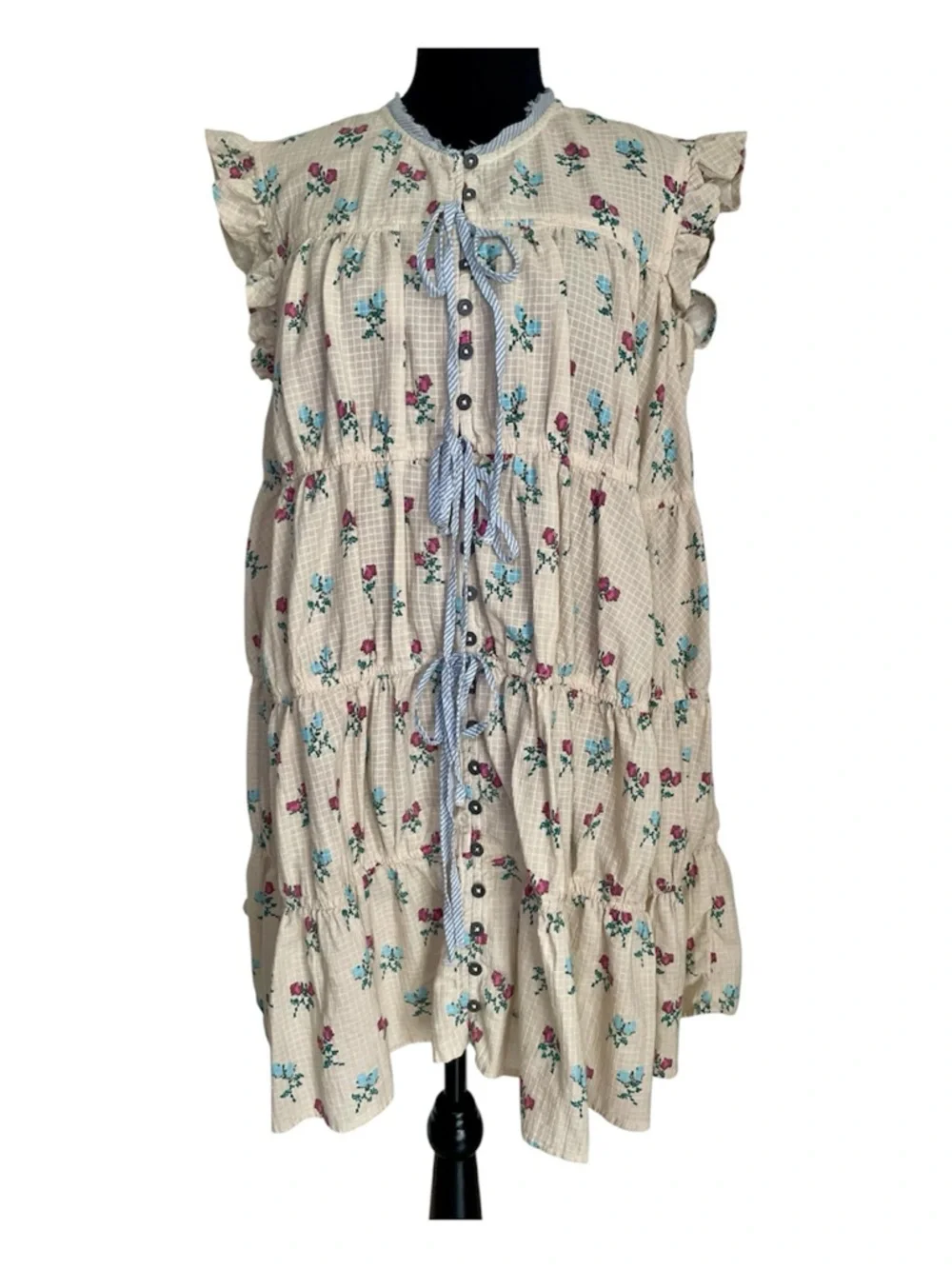 Free People Bohemian Prairie Sundown Mini Dress Tunic Floral Ivory Combo Large